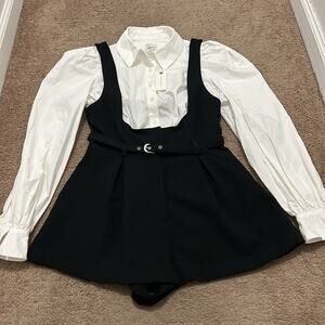 NWT MAEVE Black And White Long-Sleeve Belted Twofer Pinafore Romper Size 4